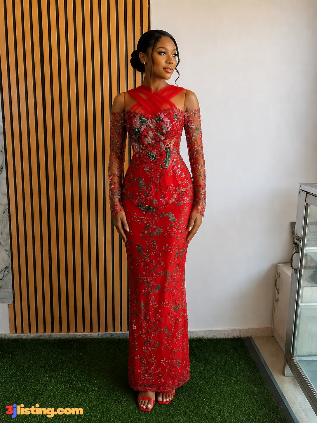 Red luxury beaded lace skirt and snatchy blouse
