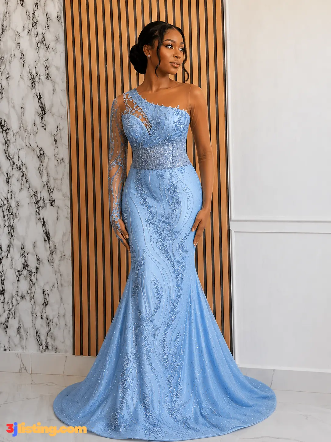 Sky blue bead lace luxury gown
